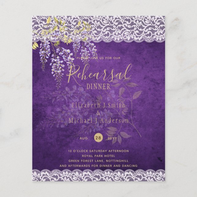 Lámina Wisteria Floral Lace REHEARSAL CENA INVITE (Anverso)