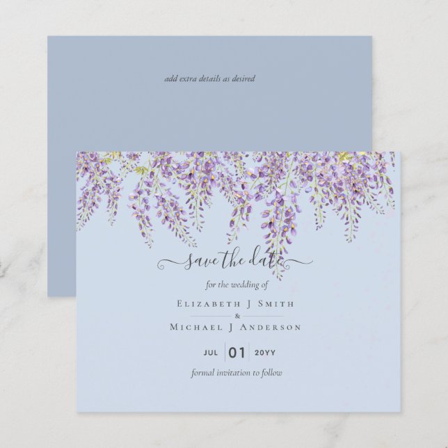 Lámina Wisteria Save Dates Dusty Blue Boda BUDGET (Anverso / Reverso)
