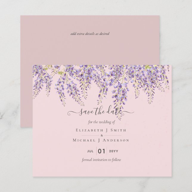 Lámina Wisteria Save Dates Dusty Boda rosado PRESUPUESTO (Anverso / Reverso)
