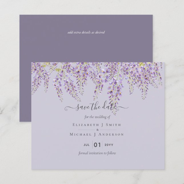 Lámina Wisteria Save Dates Dusty Purple Boda PRESUPUESTO (Anverso / Reverso)