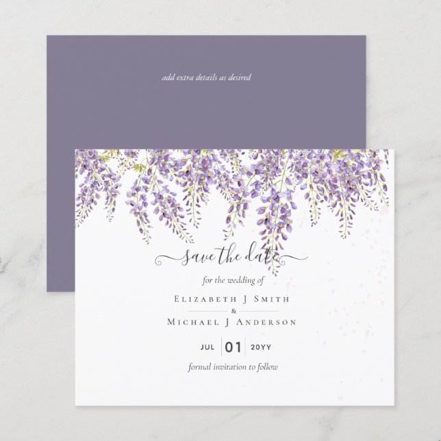 Lámina Wisteria Save Dates Dusty Purple Boda PRESUPUESTO (Anverso / Reverso)