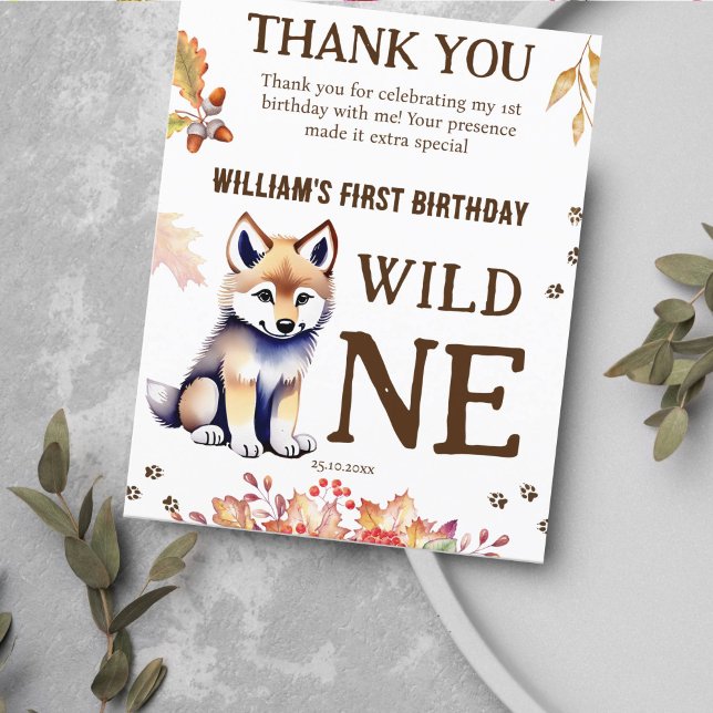 Lámina Wolf cub salvaje fiesta de cumpleaños carta de agr (Wild one wolf themed birthday party thank you card cute wolf puppy fall foliage thank you card)