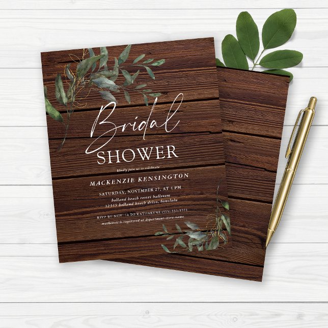 Lámina Wood Rustica Presupuestaria Eucalyptus Gold Bridal (Budget Rustic Wood Eucalyptus Gold Bridal Shower Invitation)