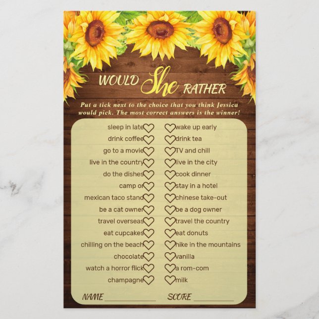 Lámina Wood Sunflower Blossom Greenery Bridal Shower Game (Anverso)