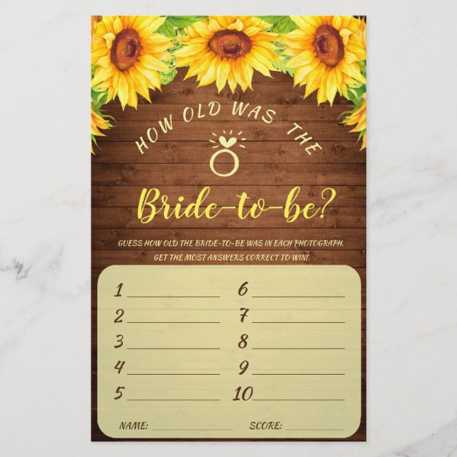 Lámina Wood Sunflower Blossom Greenery Bridal Shower Game (Anverso)