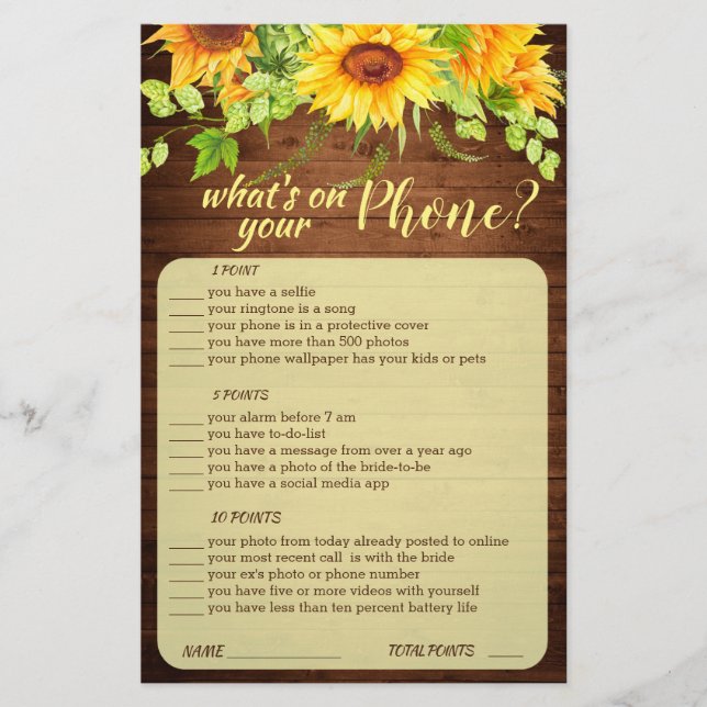 Lámina Wood Sunflower Blossom Greenery Bridal Shower Game (Anverso)