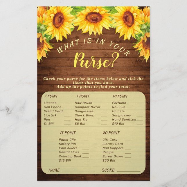 Lámina Wood Sunflower Blossom Greenery Bridal Shower Game (Anverso)
