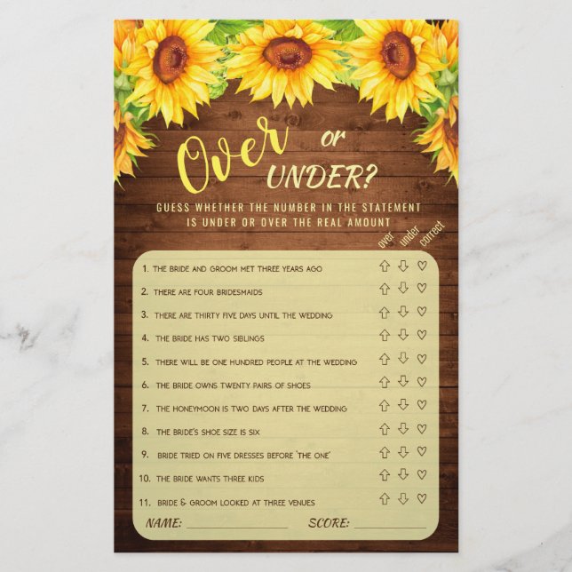 Lámina Wood Sunflower Blossom Greenery Bridal Shower Game (Anverso)