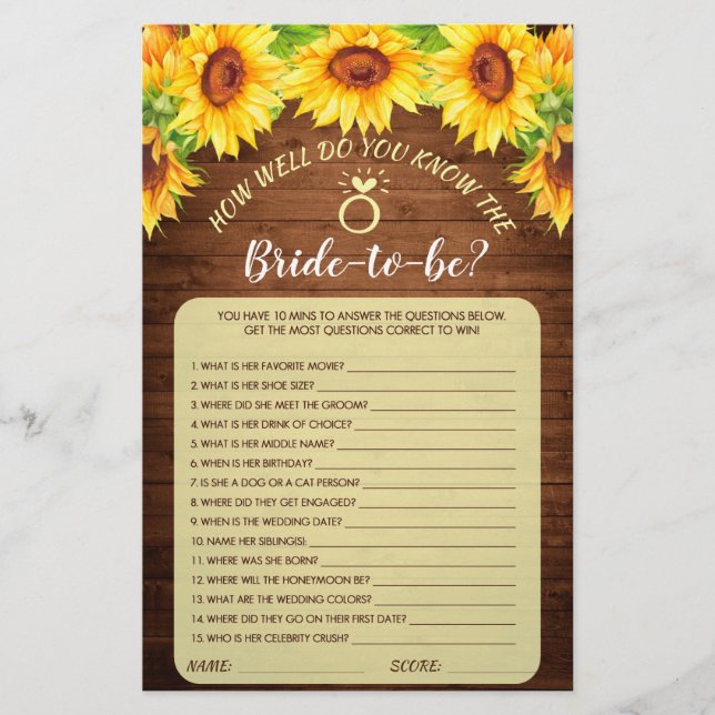 Lámina Wood Sunflower Blossom Greenery Bridal Shower Game (Anverso)