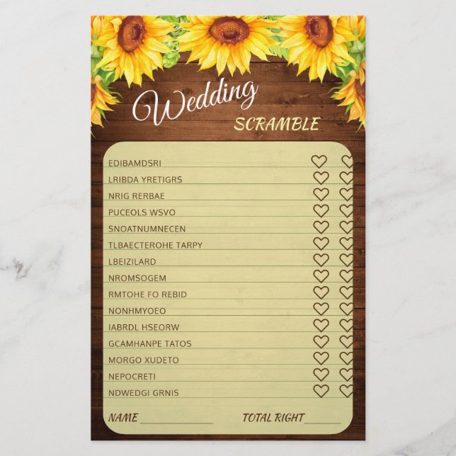Lámina Wood Sunflower Blossom Greenery Bridal Shower Game (Anverso)