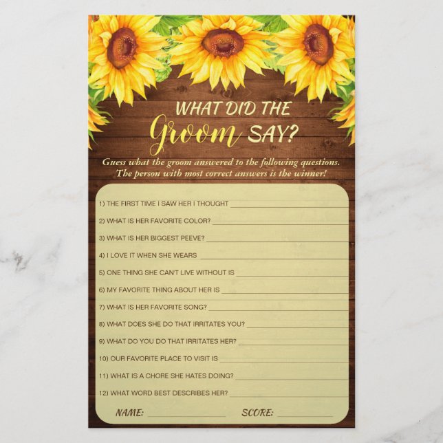 Lámina Wood Sunflower Blossom Greenery Bridal Shower Game (Anverso)