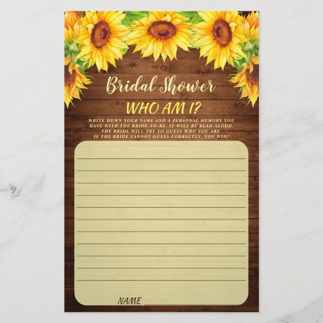 Lámina Wood Sunflower Blossom Greenery Bridal Shower Game (Anverso)