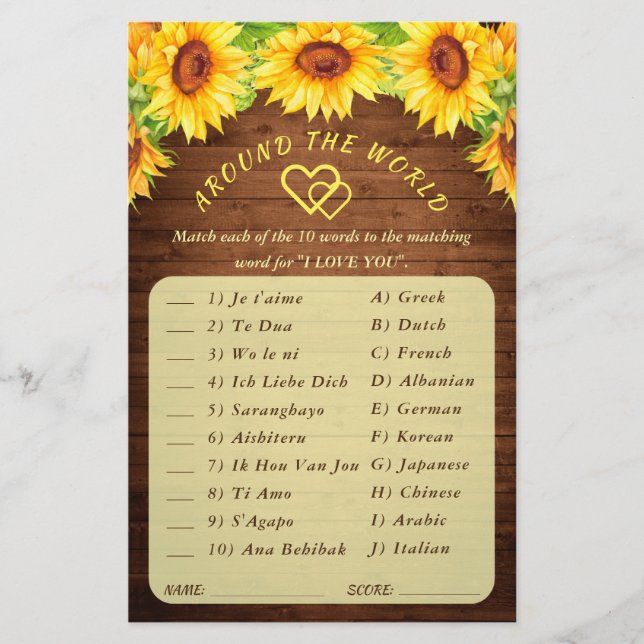 Lámina Wood Sunflower Blossom Greenery Bridal Shower Game (Anverso)