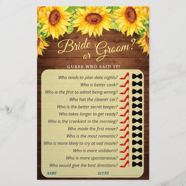 Lámina Wood Sunflower Blossom Greenery Bridal Shower Game (Anverso)