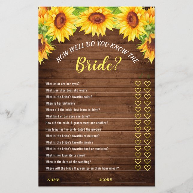 Lámina Wood Sunflower Doble-Lado Bridal Shower Juego (Anverso)