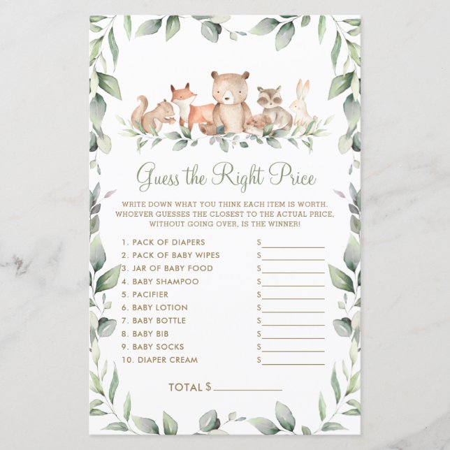 Lámina Woodland adivina el juego de Baby Shower de precio (Anverso)
