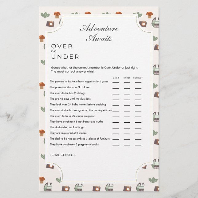 Lámina Woodland Adventure espera el juego de Baby Shower  (Anverso)