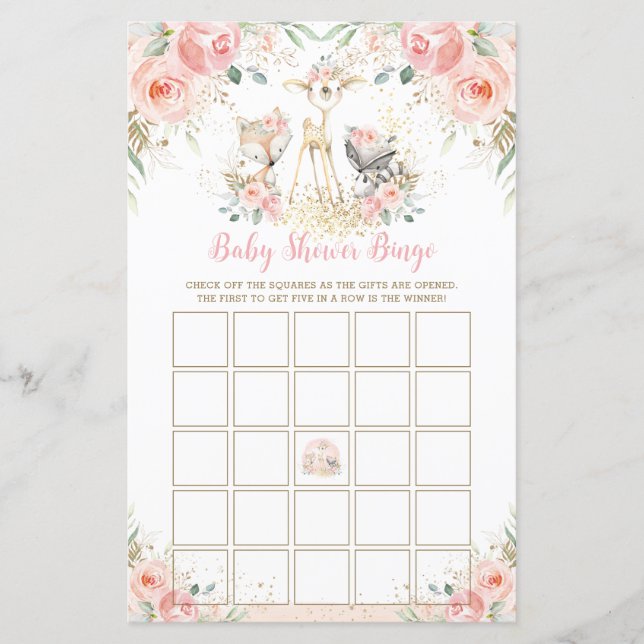 Lámina Woodland Animal Rubor Floral Baby Shower Bingo (Anverso)