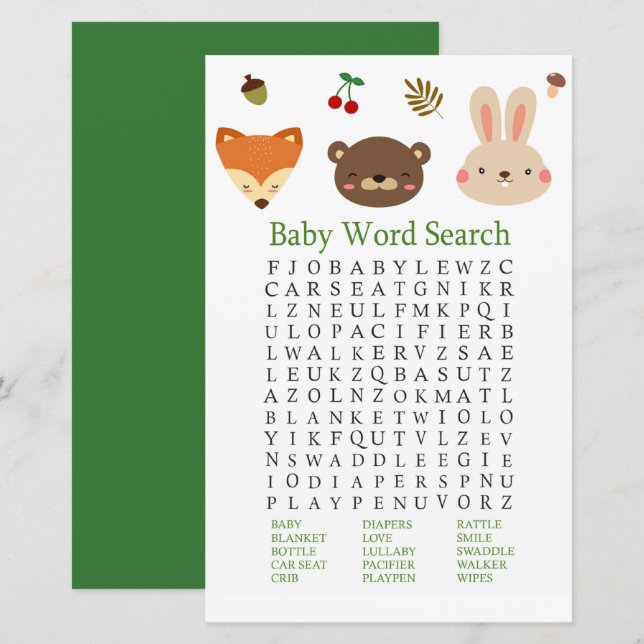 Lámina Woodland Animales Baby Shower Word Search Game (Anverso / Reverso)