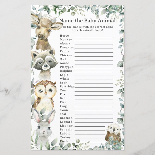 Lámina Woodland Animales Green Name Baby Animal Game (Anverso)