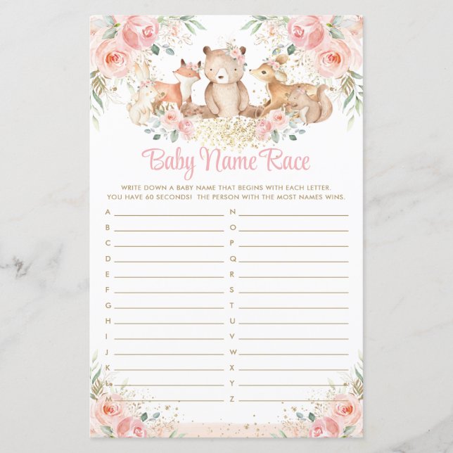 Lámina Woodland Animales Rubor Floral Baby Name Race Game (Anverso)