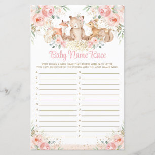 Lámina Woodland Animales Rubor Floral Baby Name Race Game
