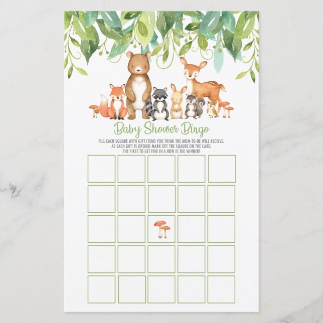 Lámina Woodland Animals Baby Shower Bingo Game Activity (Anverso)