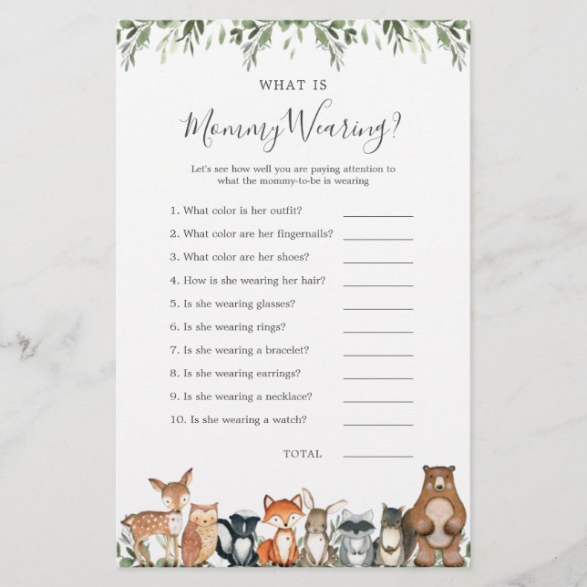 Lámina Woodland Animals Baby Shower ¿Qué está usando mamá (Anverso)