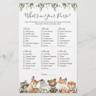 Lámina Woodland Animals Baby Shower ¿Qué hay en tu bolso?