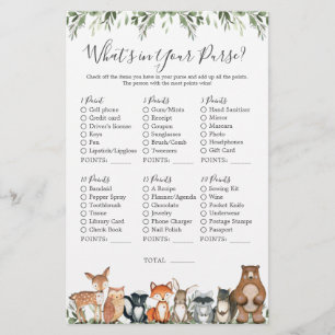 Lámina Woodland Animals Baby Shower ¿Qué hay en tu bolso?