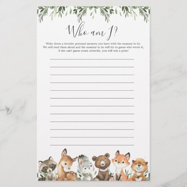 Lámina Woodland Animals Baby Shower Who Am I Game (Anverso)