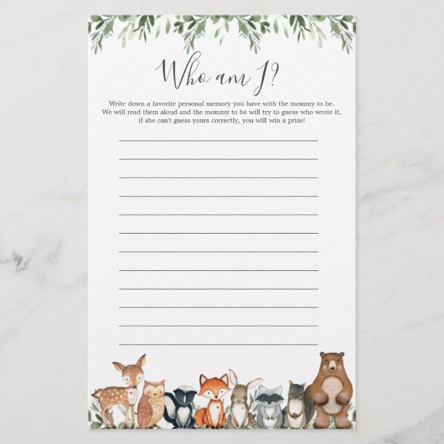 Lámina Woodland Animals Baby Shower Who Am I Game (Anverso)