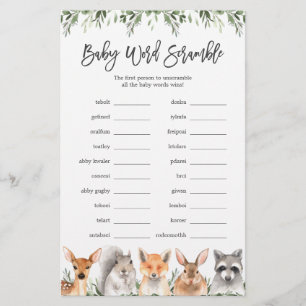 Lámina Woodland Animals Baby Shower Word Scramble Game