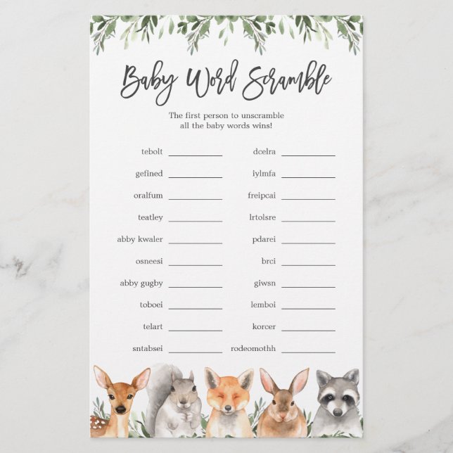 Lámina Woodland Animals Baby Shower Word Scramble Game (Anverso)
