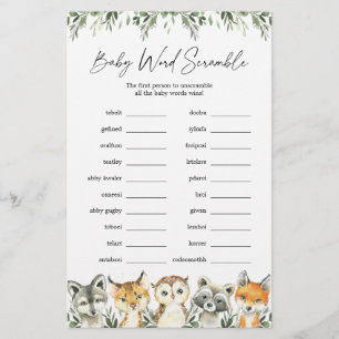 Lámina Woodland Animals Baby Shower Word Scramble Game