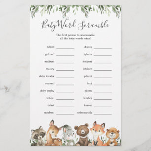 Lámina Woodland Animals Baby Shower Word Scramble Game