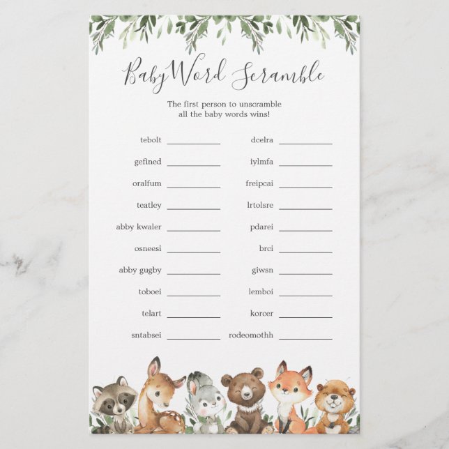 Lámina Woodland Animals Baby Shower Word Scramble Game (Anverso)
