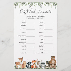 Lámina Woodland Animals Baby Shower Word Scramble Game
