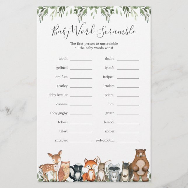 Lámina Woodland Animals Baby Shower Word Scramble Game (Anverso)