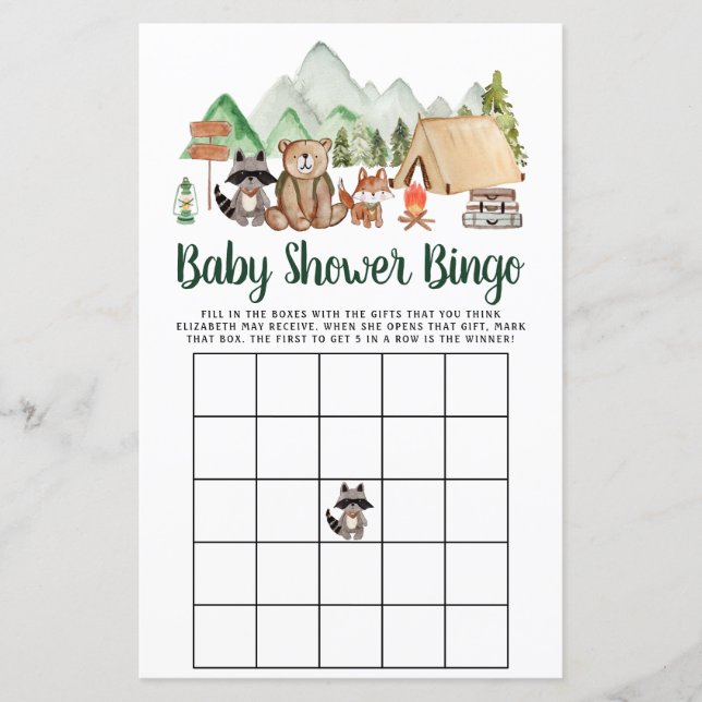 Lámina Woodland Animals Camping Juego de Bingo Baby Showe (Anverso)