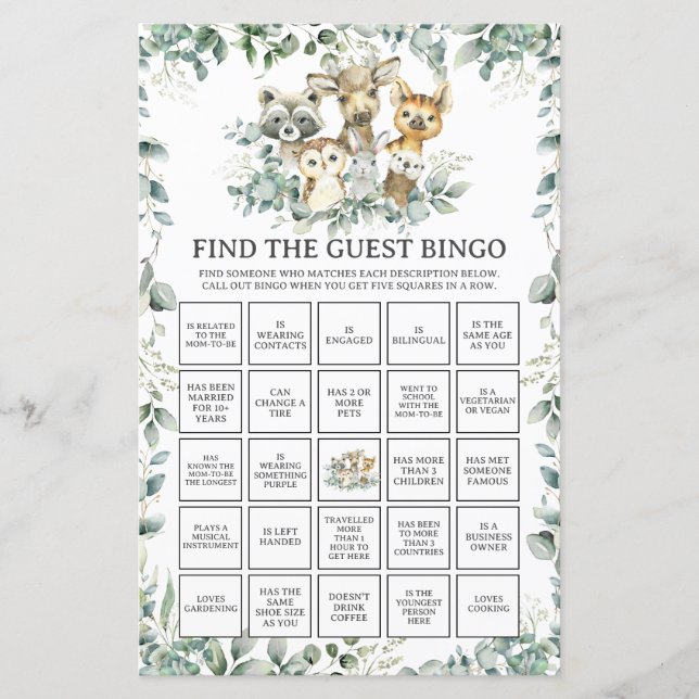 Lámina Woodland Animals Greenery Find the Guest Bingo (Anverso)