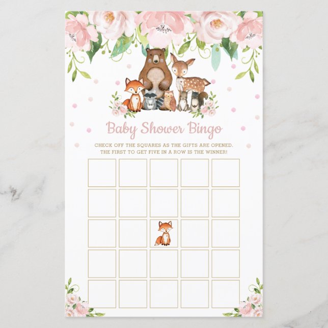 Lámina Woodland Animals Pin Floral Baby Shower Bingo Jueg (Anverso)