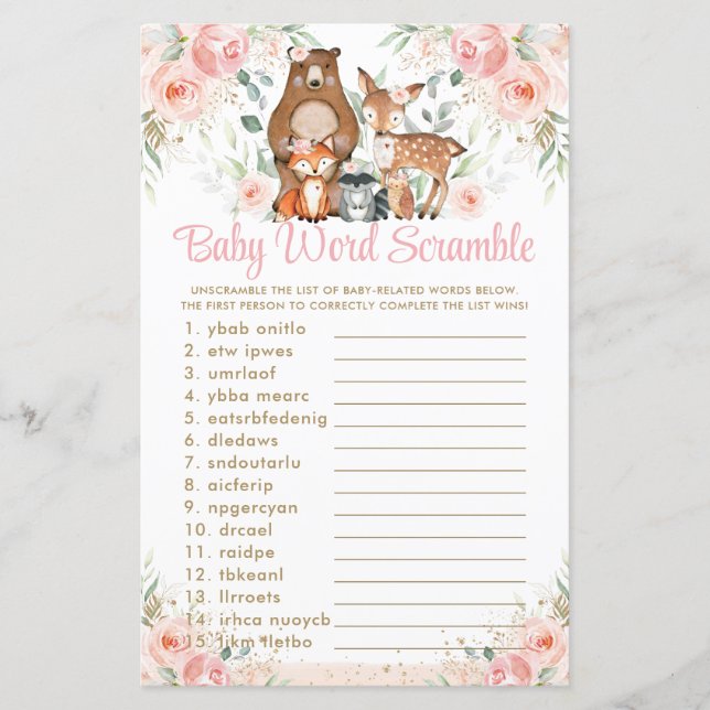 Lámina Woodland Animals Pink Floral Baby Word Scramble (Anverso)
