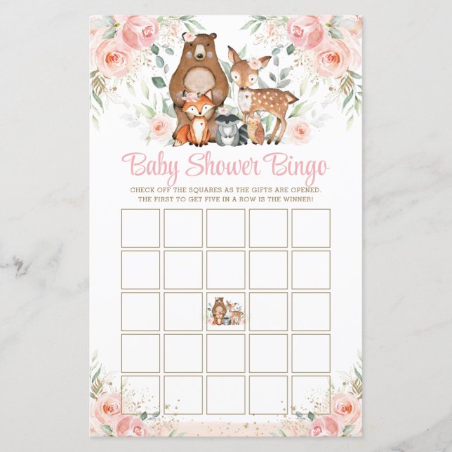Lámina Woodland Animals Pink Roses Juego de Bingo Baby Sh (Anverso)