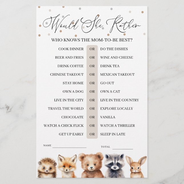 Lámina Woodland Animals Prefiere Un Juego De Baby Shower (Anverso)