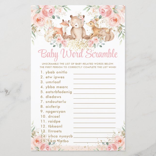Lámina Woodland Animals Rubor Floral Baby Word Scramble (Anverso)