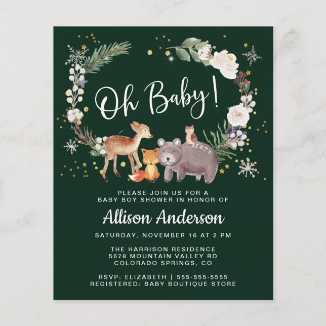 Lámina Woodland Animals Watercolor Winter Baby Shower (Anverso)