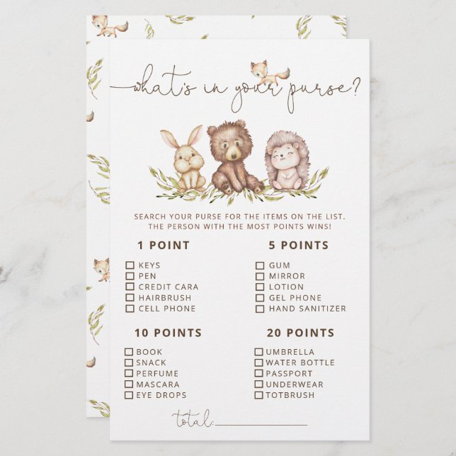 Lámina Woodland Animals What's In Your Purse Game (Anverso / Reverso)