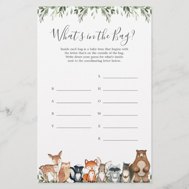 Lámina Woodland Baby Shower adivina qué hay en el juego d (Anverso)