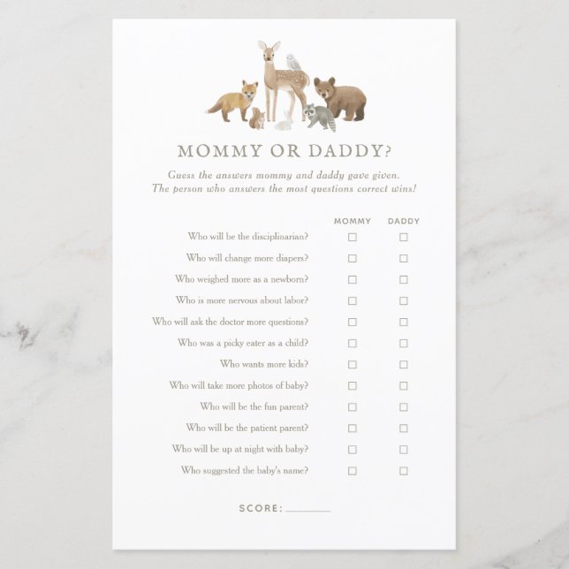 Lámina Woodland Baby Shower adivina quién es el juego de  (Anverso)